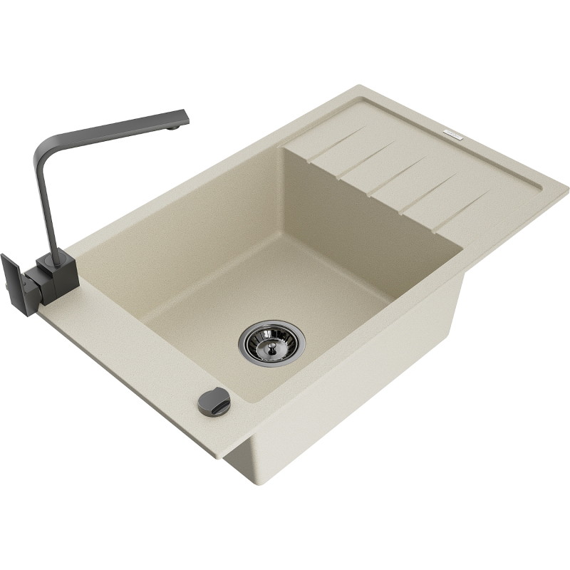 Mexen Elias 1-Kammer Granitspüle mit Abtropffläche und Küchenarmatur Rita, Beige - 6511-69-670300-70