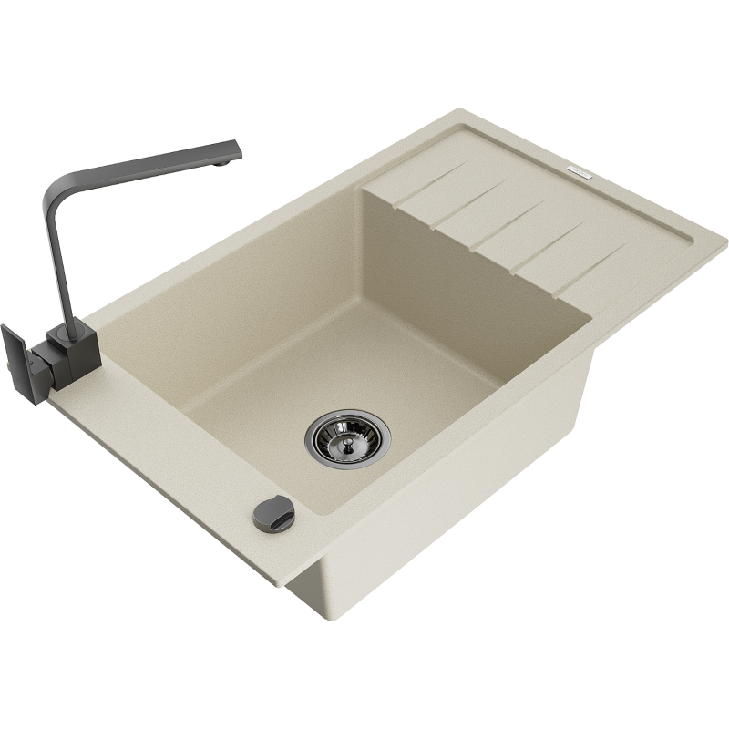 Mexen Elias Granitspüle 1-Becken mit Abtropffläche und Küchenarmatur Rita, beige - 6511-69-670300-70