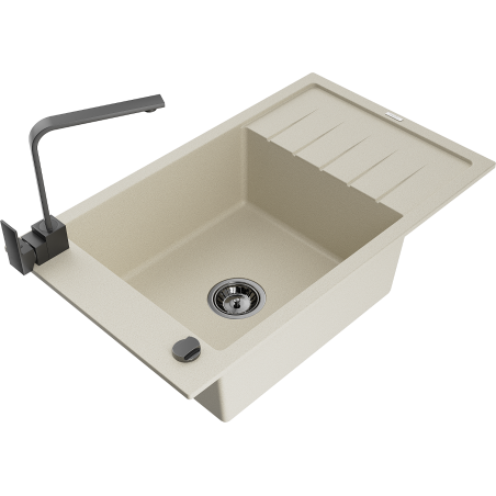 Mexen Elias 1-Kammer Granitspüle mit Abtropffläche und Küchenarmatur Rita, Beige - 6511-69-670300-70