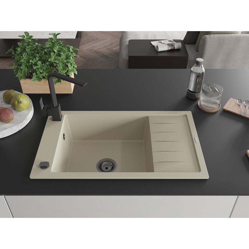 Mexen Elias 1-Kammer Granitspüle mit Abtropffläche und Küchenarmatur Rita, Beige - 6511-69-670300-70