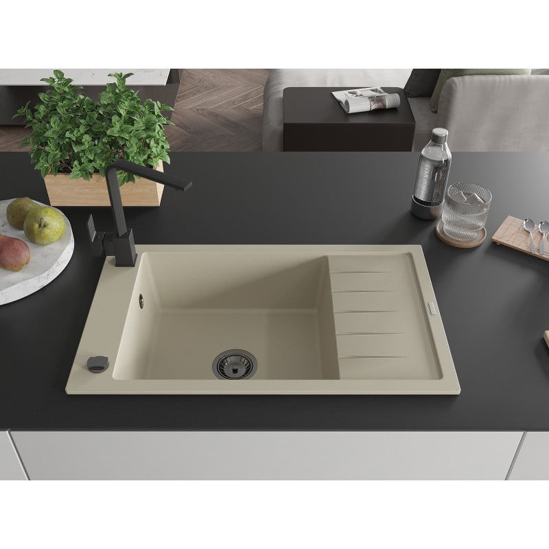 Mexen Elias Granitspüle 1-Becken mit Abtropffläche und Küchenarmatur Rita, beige - 6511-69-670300-70