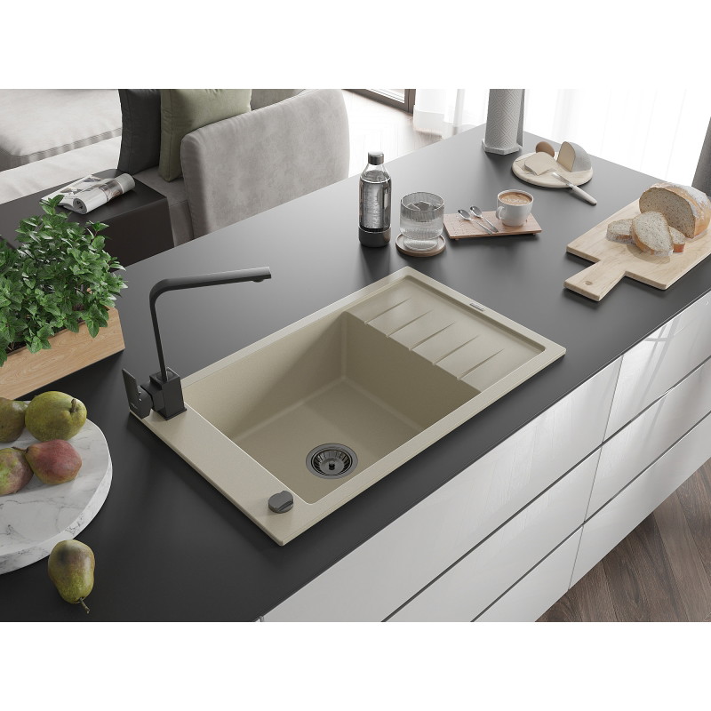 Mexen Elias 1-Kammer Granitspüle mit Abtropffläche und Küchenarmatur Rita, Beige - 6511-69-670300-70