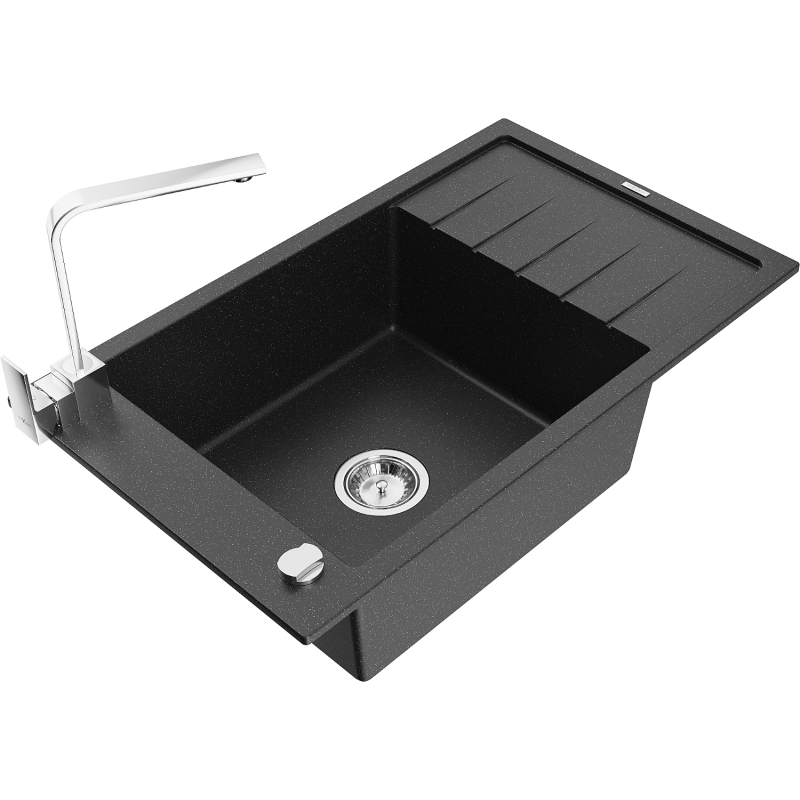 Mexen Elias Granitspüle ein Becken mit Abtropffläche und Küchenarmatur Rita, schwarz/silber metallic - 6511-73-670300-00