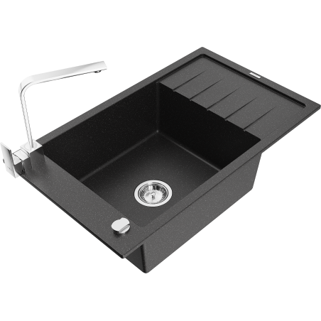 Mexen Elias Granitspüle 1-beckig mit Abtropffläche und Küchenarmatur Rita, schwarz/silber metallic - 6511-73-670300-00