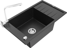 Mexen Elias Granitspüle 1-beckig mit Abtropffläche und Küchenarmatur Rita, schwarz/silber metallic - 6511-73-670300-00
