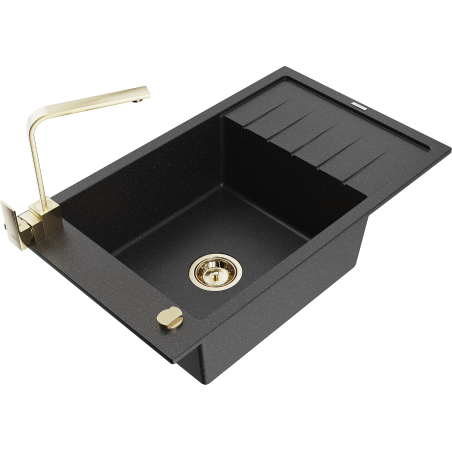 Mexen Elias Granitspüle 1-beckig mit Abtropffläche und Küchenarmatur Rita, Schwarz/Silber Metallic - 6511-73-670300-50