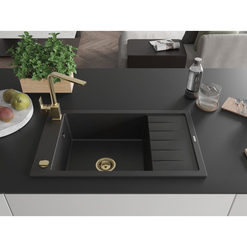 Mexen Elias Granitspüle 1-beckig mit Abtropffläche und Küchenarmatur Rita, Schwarz/Silber Metallic - 6511-73-670300-50