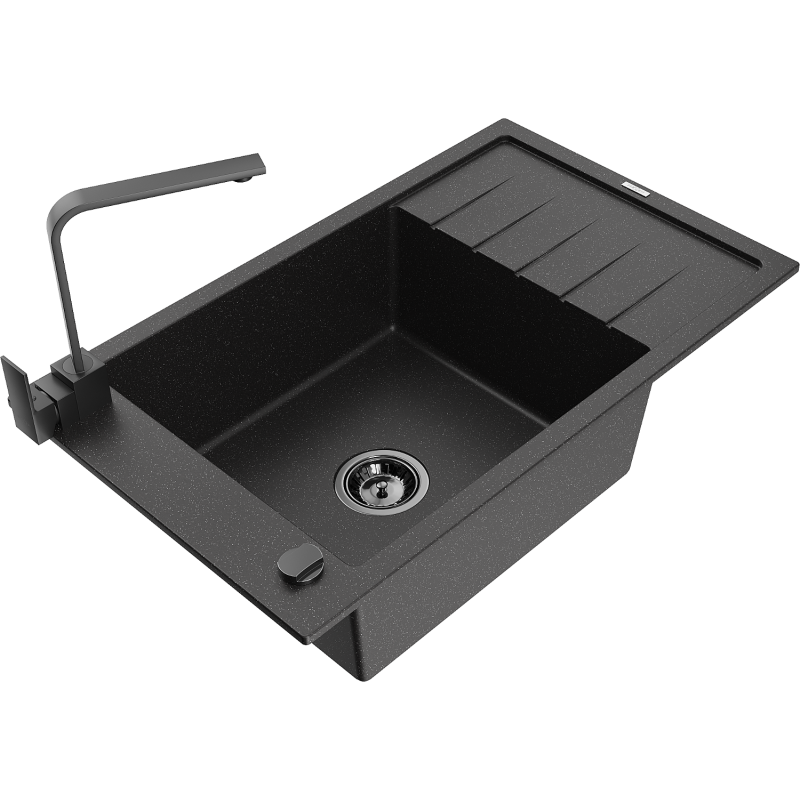 Mexen Elias Granitspüle 1-Becken mit Abtropffläche und Küchenarmatur Rita, schwarz/silber metallic - 6511-73-670300-70-B