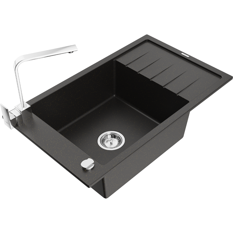 Mexen Elias Granitspüle 1-Becken mit Abtropffläche und Küchenarmatur Rita, schwarz/silber metallic - 6511-73-670300-70