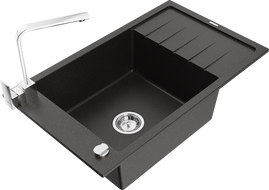 Mexen Elias Granitspüle 1-Becken mit Abtropffläche und Küchenarmatur Rita, schwarz/silber metallic - 6511-73-670300-70