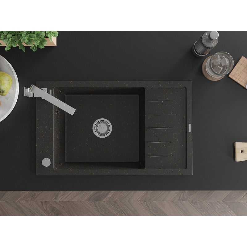 Mexen Elias Granitspüle 1-Becken mit Abtropffläche und Küchenarmatur Rita, schwarz/silber metallic - 6511-73-670300-70