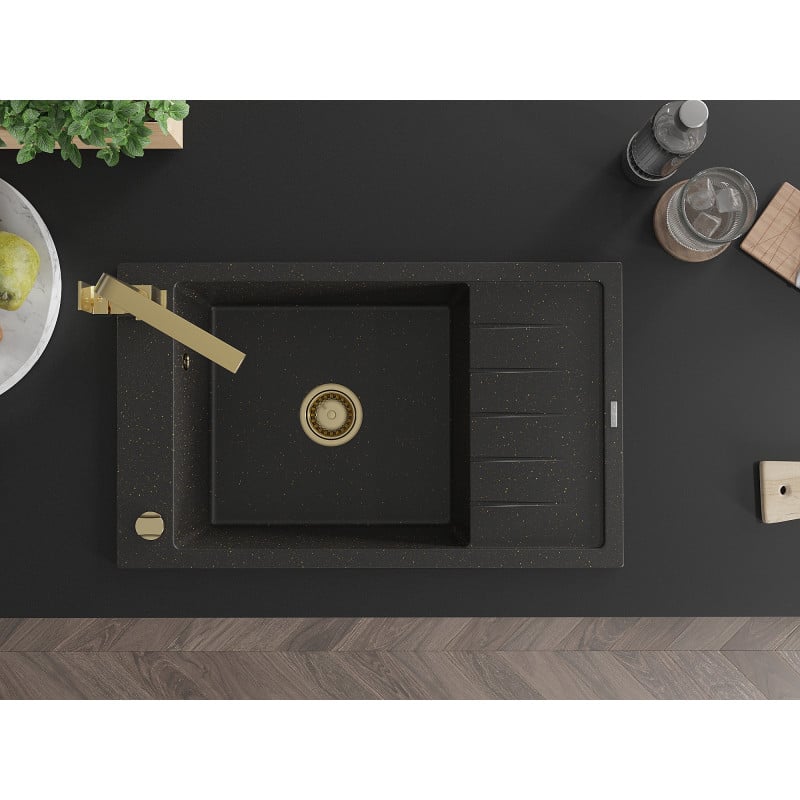 Mexen Elias Granitspüle 1-Becken mit Abtropffläche und Küchenarmatur Rita, schwarz/gold metallic - 6511-75-670300-50