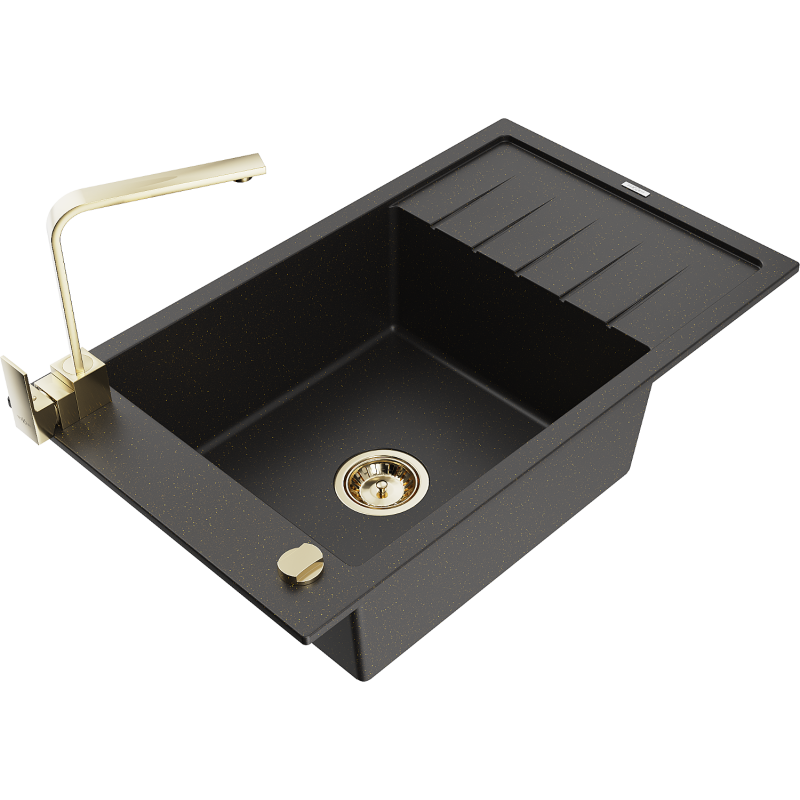 Mexen Elias Granitspüle 1-Becken mit Abtropffläche und Küchenarmatur Rita, schwarz/gold metallic - 6511-75-670300-50