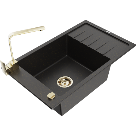 Mexen Elias Granitspüle 1-Becken mit Abtropffläche und Küchenarmatur Rita, schwarz/gold metallic - 6511-75-670300-50