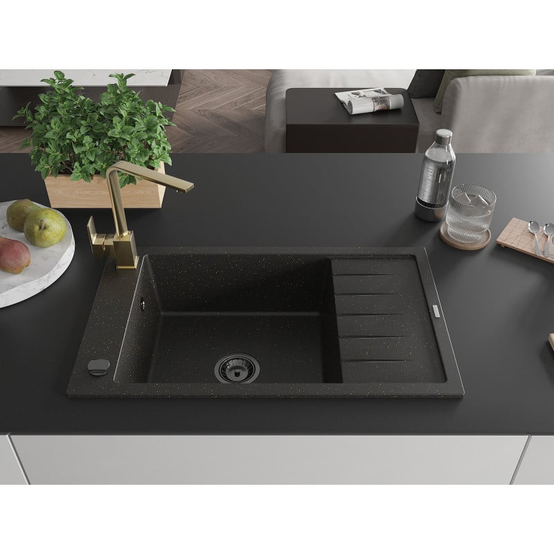 Mexen Elias Granitspüle 1-Becken mit Abtropffläche und Küchenarmatur Rita, schwarz/goldene Metallic - 6511-75-670300-50-B