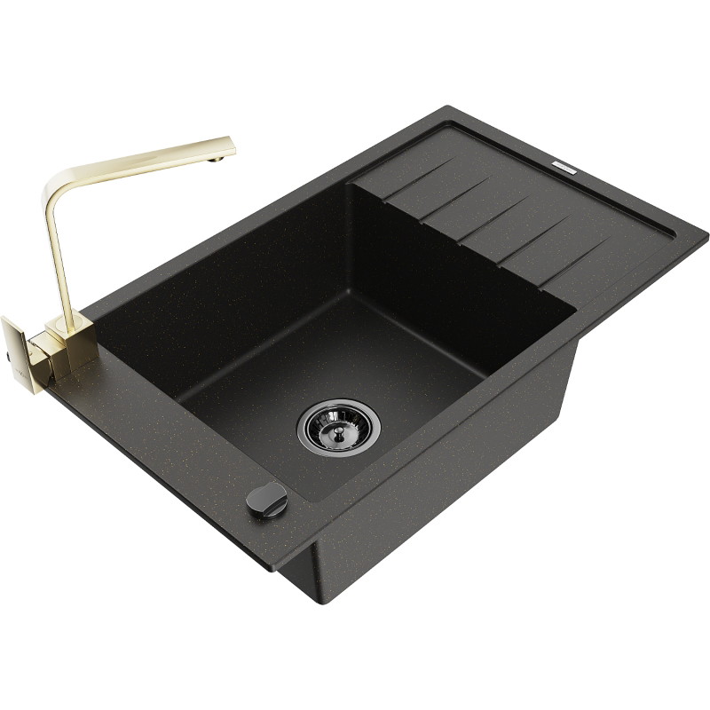 Mexen Elias Granitspüle 1-Becken mit Abtropffläche und Küchenarmatur Rita, schwarz/gold metallic - 6511-75-670300-50-B