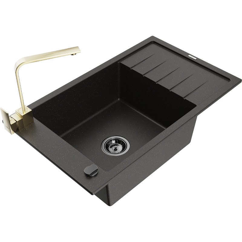 Mexen Elias Granitspüle 1-Becken mit Abtropffläche und Küchenarmatur Rita, schwarz/goldene Metallic - 6511-75-670300-50-B