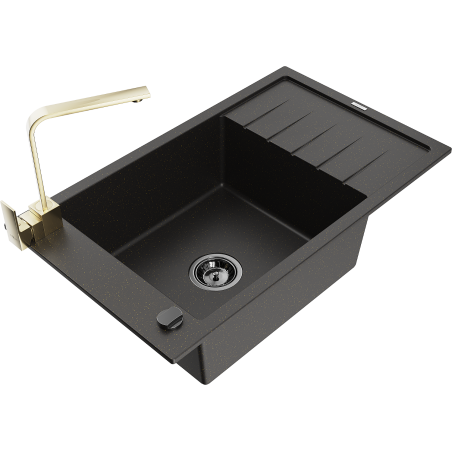 Mexen Elias Granitspüle 1-Becken mit Abtropffläche und Küchenarmatur Rita, schwarz/gold metallic - 6511-75-670300-50-B