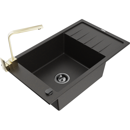 Mexen Elias Granitspüle 1-Becken mit Abtropffläche und Küchenarmatur Rita, schwarz/goldene Metallic - 6511-75-670300-50-B