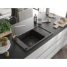 Mexen Elias Granitspüle 1-Becken mit Abtropffläche und Küchenarmatur Rita, schwarz/goldene Metallic - 6511-75-670300-50-B