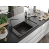 Mexen Elias Granitspüle 1-beckig mit Ablage und Küchenarmatur Rita, schwarz/gold metallic - 6511-75-670300-70-B