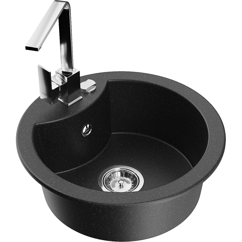 Mexen Diego Granitspüle 1-Becken mit Küchenarmatur Rita, schwarz/silber metallic - 6512-73-670300-00
