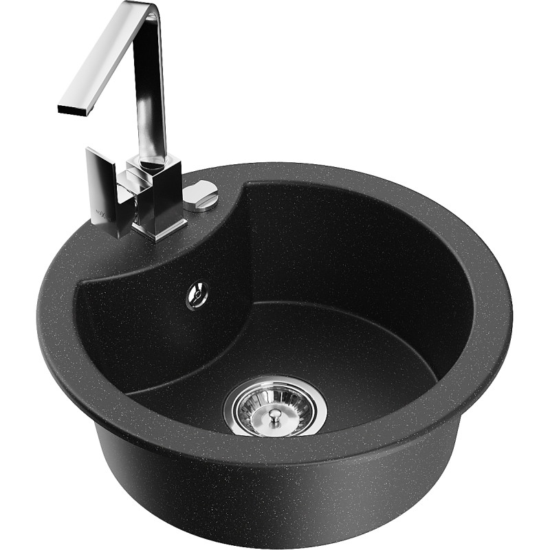 Mexen Diego Granitspüle 1-beckig mit Küchenarmatur Rita, schwarz/silber metallic - 6512-73-670300-00