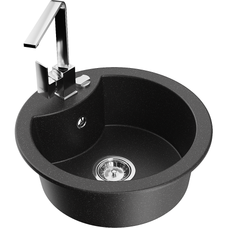 Mexen Diego Granitspüle 1-Becken mit Küchenarmatur Rita, schwarz/silber metallic - 6512-73-670300-00