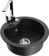 Mexen Diego Granitspüle 1-Becken mit Küchenarmatur Rita, schwarz/silber metallic - 6512-73-670300-00