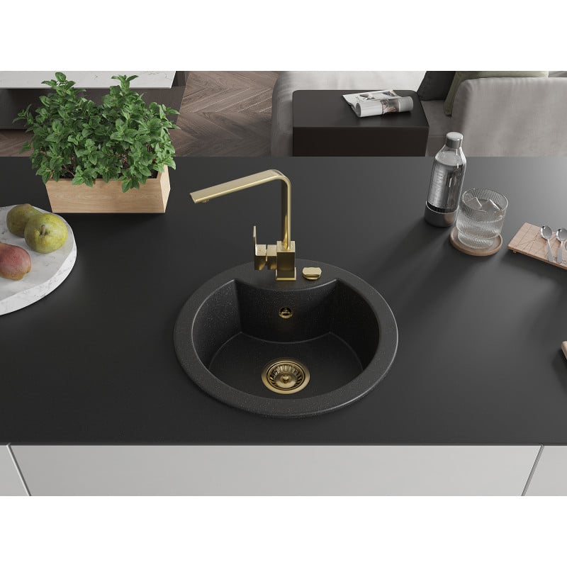 Mexen Diego Granitspüle 1-beckig mit Küchenarmatur Rita, schwarz/silber metallic - 6512-73-670300-50