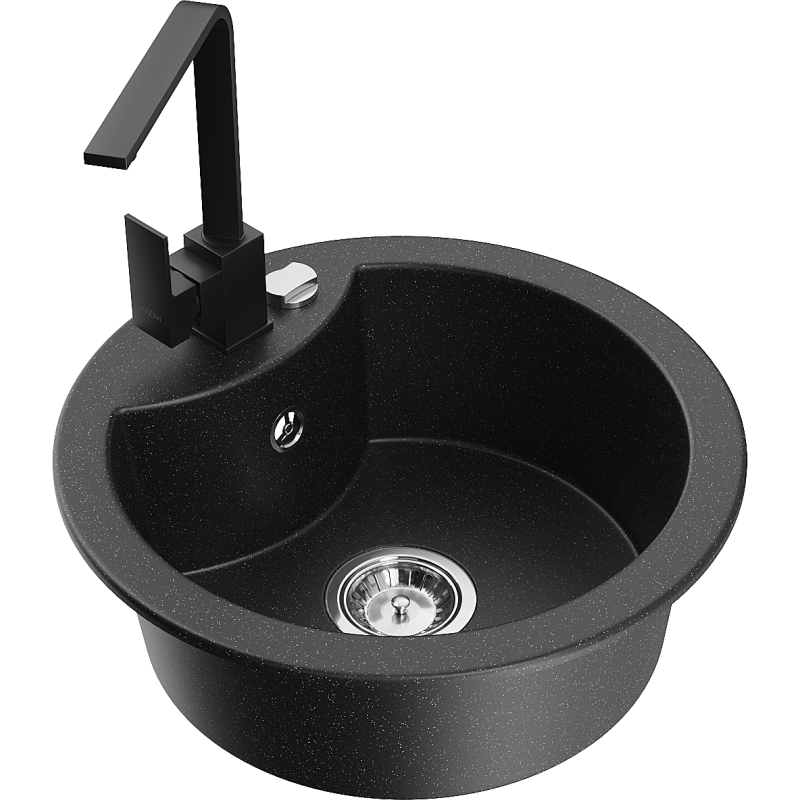 Mexen Diego Granitspüle 1-Becken mit Küchenarmatur Rita, schwarz/silber metallic - 6512-73-670300-70