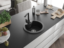 Mexen Diego Granitspüle 1-Becken mit Küchenarmatur Rita, schwarz/silber metallic - 6512-73-670300-70