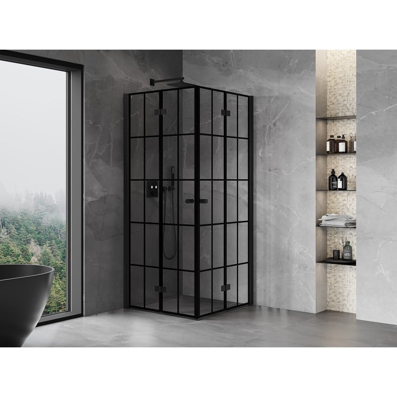 Mexen Mist-F Duo klappbare Duschkabine 100 x 100 cm, schwarzes Gitter, schwarz - 8A6-100L-100P-70-77