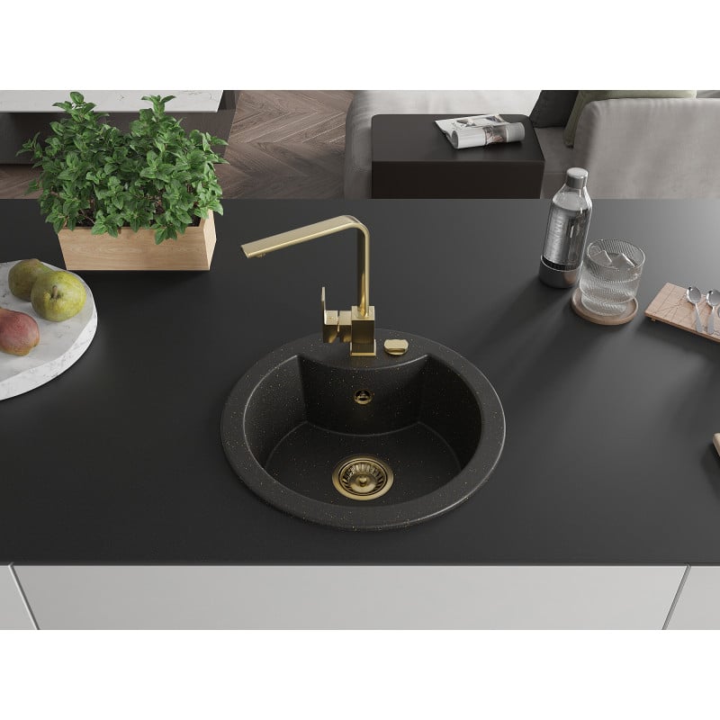 Mexen Diego Granitspüle 1-Becken mit Küchenarmatur Rita, schwarz/gold metallic - 6512-75-670300-50