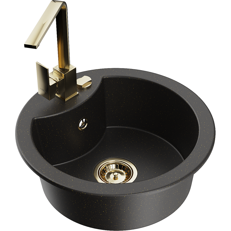 Mexen Diego Granitspüle 1-Becken mit Küchenarmatur Rita, schwarz/gold metallic - 6512-75-670300-50