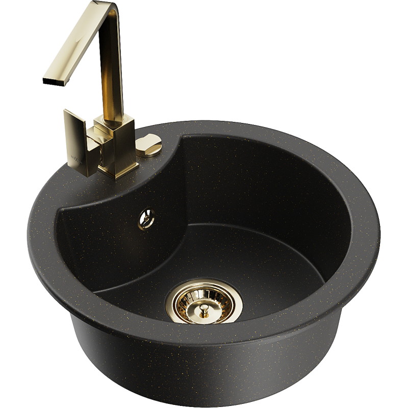 Mexen Diego Granitspüle 1-beckig mit Küchenarmatur Rita, schwarz/gold metallic - 6512-75-670300-50