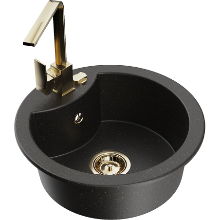 Mexen Diego Granitspüle 1-Becken mit Küchenarmatur Rita, schwarz/gold metallic - 6512-75-670300-50