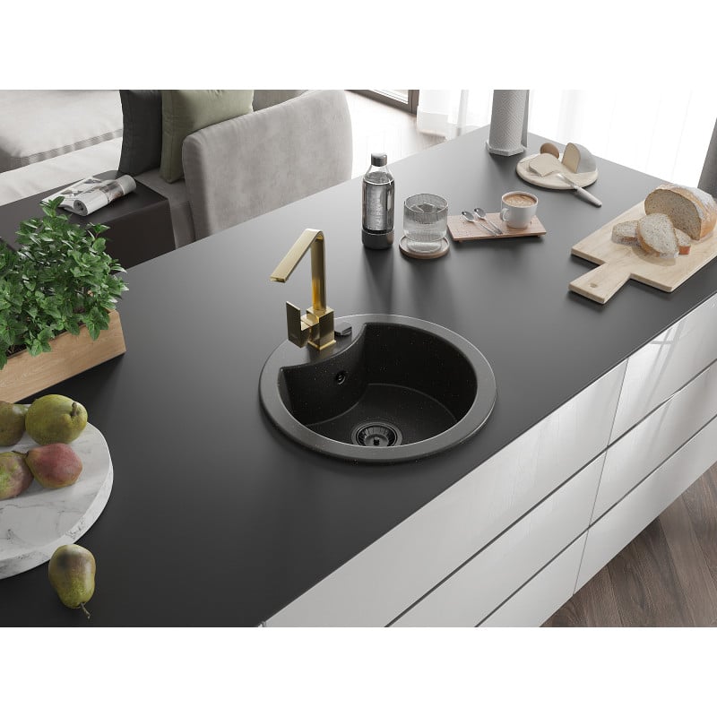 Mexen Diego Granitspüle 1-beckig mit Küchenarmatur Rita, Schwarz/Gold Metallic - 6512-75-670300-50-B