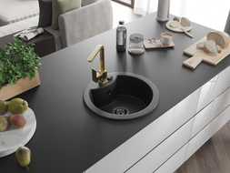 Mexen Diego Granitspüle 1-beckig mit Küchenarmatur Rita, Schwarz/Gold Metallic - 6512-75-670300-50-B