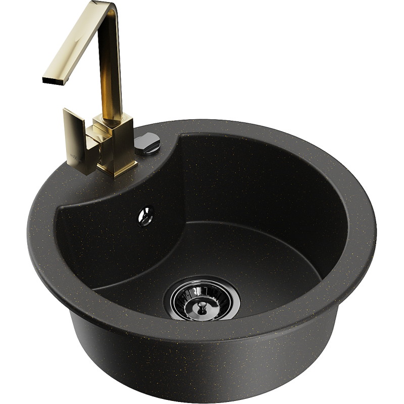 Mexen Diego granitspüle mit 1 becken und küchenarmatur Rita, schwarz/gold metallic - 6512-75-670300-50-B