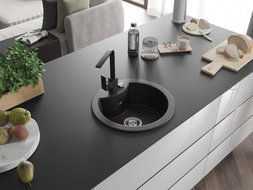 Mexen Diego Granitspüle 1-Becken mit Küchenarmatur Rita, schwarz/gold metallic - 6512-75-670300-70