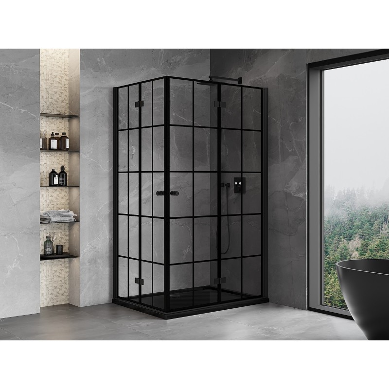 Mexen Mist-F Duo klappbare Duschkabine rechts 95 x 100 cm, schwarzes Gitter, schwarz - 8A6-095L-100P-70-77