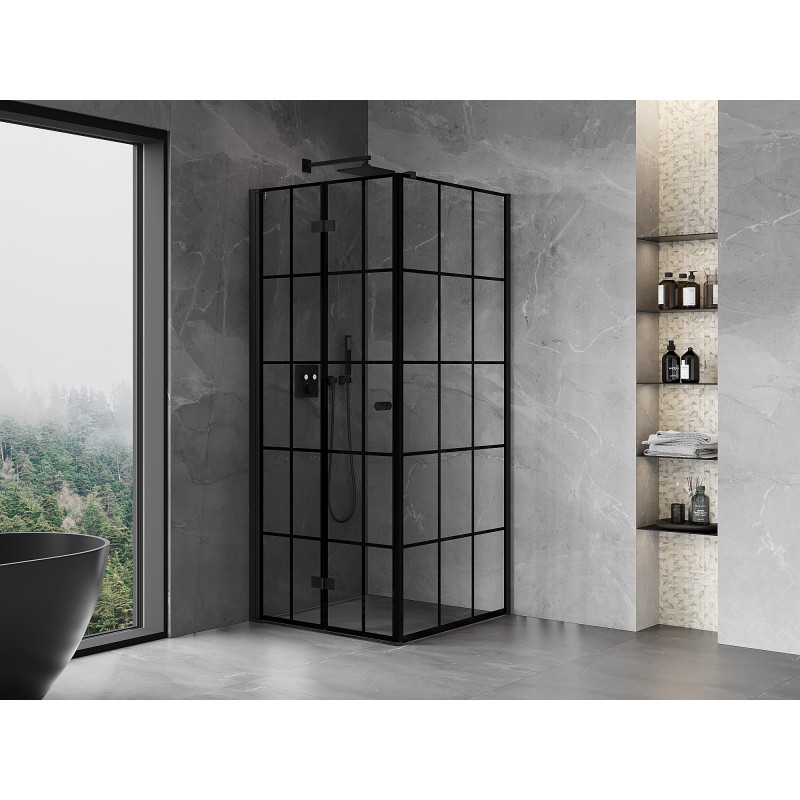 Mexen Mist-F faltbare Duschkabine links 80 x 80 cm, schwarzes Gitter, Schwarz - 8A6T-080-080-70-77-L