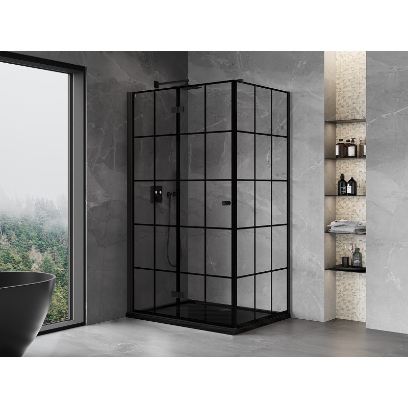 Mexen Mist-F Klapp-Duschkabine links 90 x 80 cm, schwarzes Gitter, schwarz - 8A6T-090-080-70-77-L