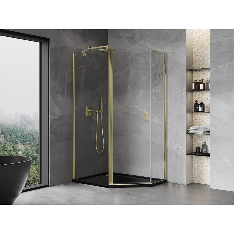 Mexen Mist fünfeckige asymmetrische Duschkabine schwenkbar 100 x 90 cm, transparent, gold - 8A8-100-090-50-00