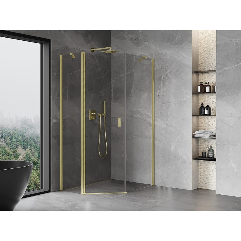 Mexen Mist fünfeckige asymmetrische Duschkabine klappbar 80 x 90 cm, transparent, gebürstetes Gold - 8A8-080-090-55-00
