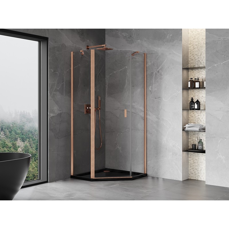 Mexen Mist fünfeckige Duschkabine mit Drehtür 100 x 100 cm, transparent, gebürstetes Kupfer - 8A8-100-100-65-00