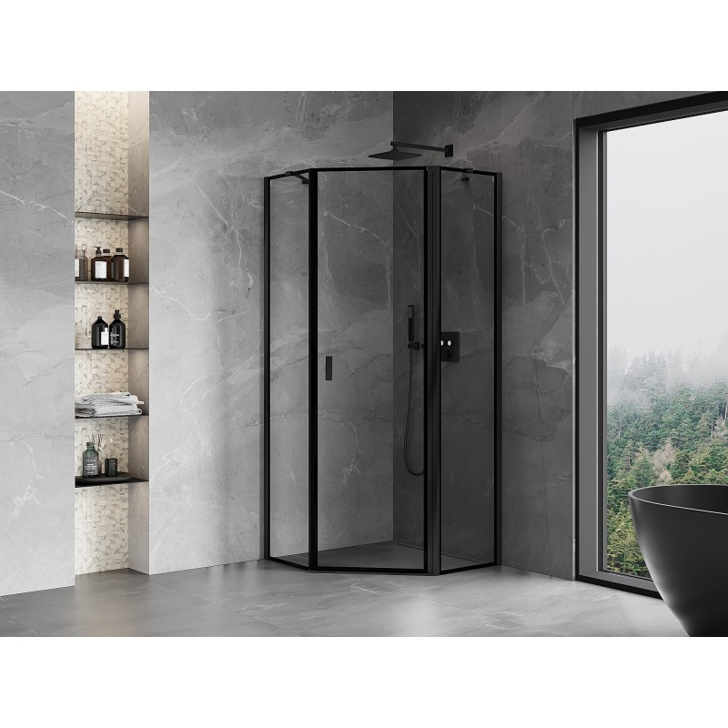 Mexen Mist Fünfeck-Duschkabine, rechte Schwingtür 90 x 90 cm, schwarzer Rahmen, Schwarz - 8A8-090-090-70-70-P