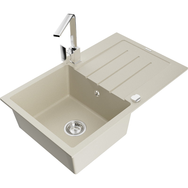 Mexen Bruno granitspüle mit 1 becken mit abtropffläche und küchenarmatur Rita, beige - 6513-69-670300-00