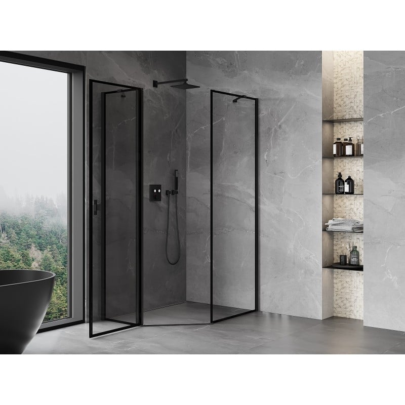 Mexen Mist asymmetrische Fünfeck-Duschkabine, links öffnend 80 x 90 cm, schwarzer Rahmen, schwarz - 8A8-080-090-70-70-L